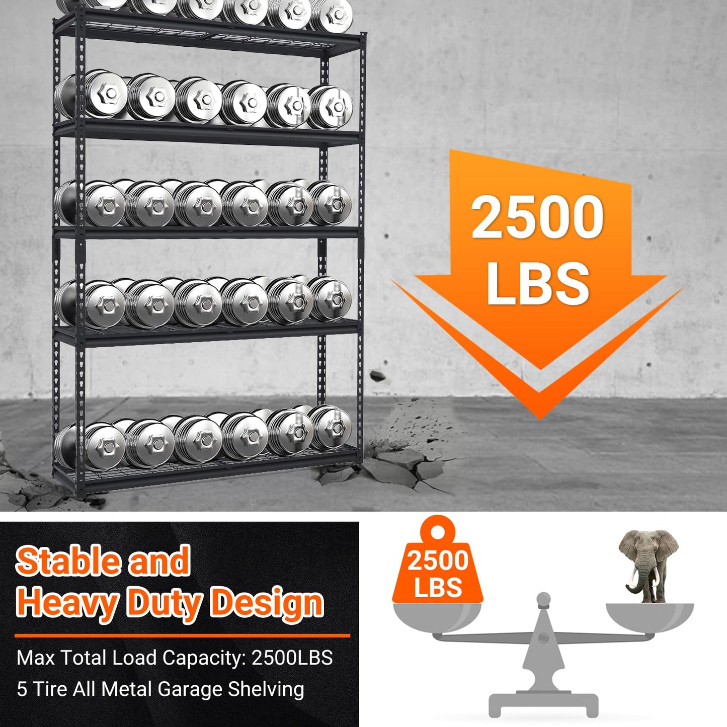 PioneerWorks Garage Shelving, 2500lbs Load Bearing Heavy Duty Storage Shelving, 48x18x72in Adjustable Storage Shelves, Durable Metal Storage Shelves, Easy Assemble for Garage, Kitchen