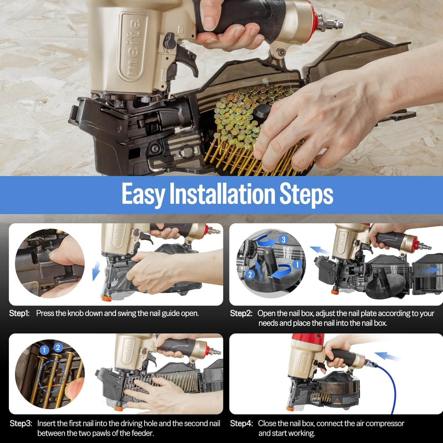 meite CN65S Coil Siding Nailer 15 Degree Pneumatic Nail Gun for Hardwood Fencing Decking Sheathing, Heavy Duty Air Siding Nail Gun with 360° Exhaust & Safety Lock, Drives 1-1/2" to 2-1/2" Coil Nails