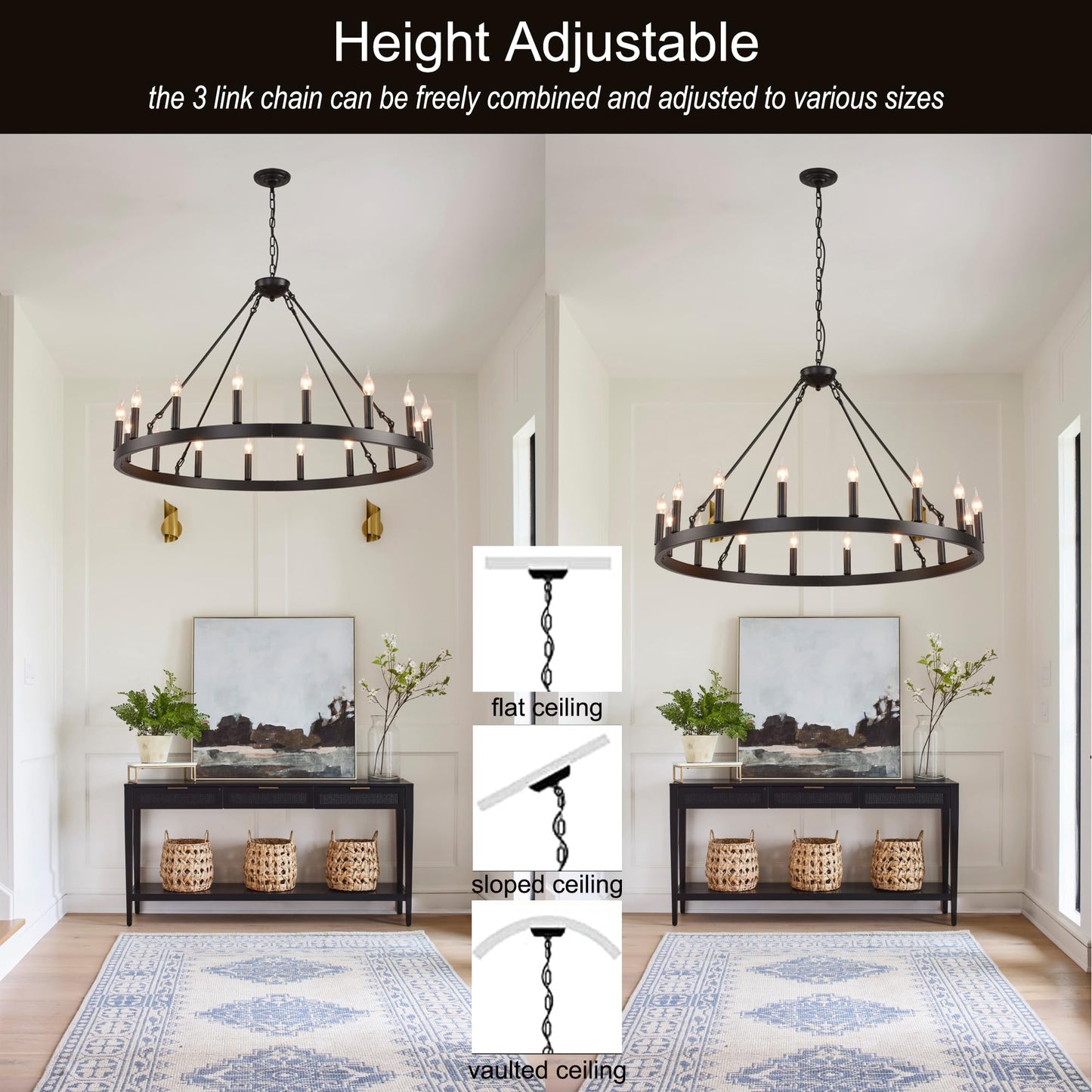 VIZBMYR Black Wagon Wheel Chandelier Farmhouse,Round Rustic Wagon Wheel Light Fixture for Dining Room,16-Light 40" Large Industrial Wagon Wheel Light for Living Room Foyer(Black 40 Inch 16-Lights)