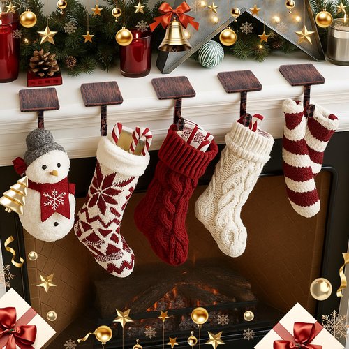 Christmas Stocking Holders for Mantle Set of 4, Mantle Stocking Hangers Hanging Hooks, Stocking Hanger Base, Stocking Holder Hooks for Fireplace Tabletop Shelf Christmas Decoration (Copper Red)