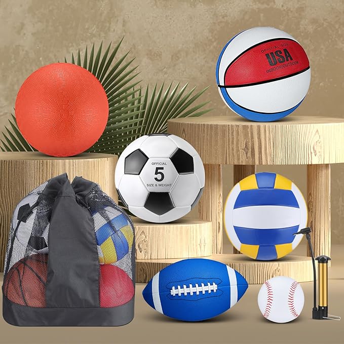 Leyndo 18 Pcs Sport Balls Bulk Set Basketball Football Volleyball Soccer Playground Baseball with Sport Equipment Bag Pump for Outdoor Indoor Practice Gift