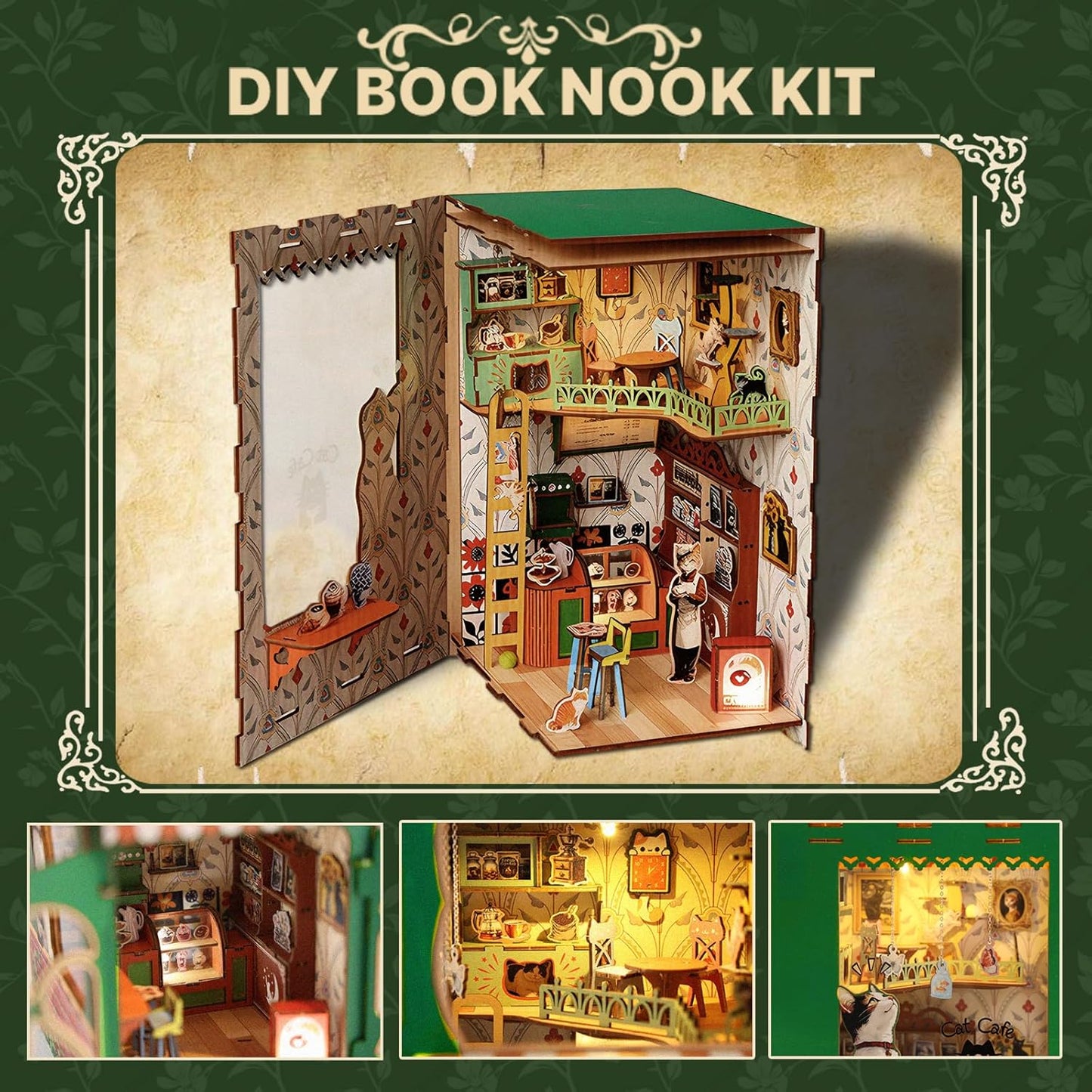 Skiennix Book Nook Kit - DIY Miniature Cat Cafe House for Adults & Teens | 3D Wooden Puzzle Decor