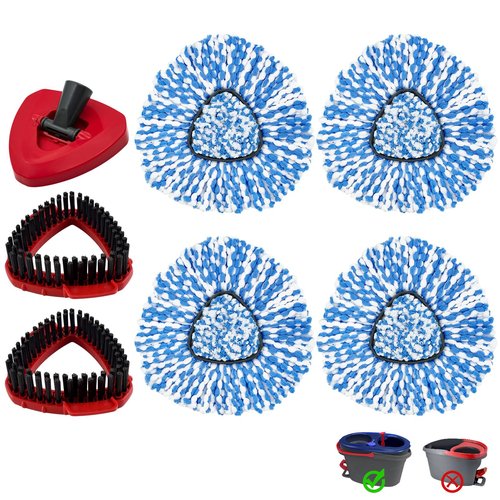 Mop Heads Replacements for O-Cedar RinseClean 2-Tank Spin Mop, Mop Replace Head for O Cedar, Mop Heads Include 4 Pack Mop Refills, 2 Scrubber Mop Heads, 1 Mop Base, Reusable, Easy to Replace