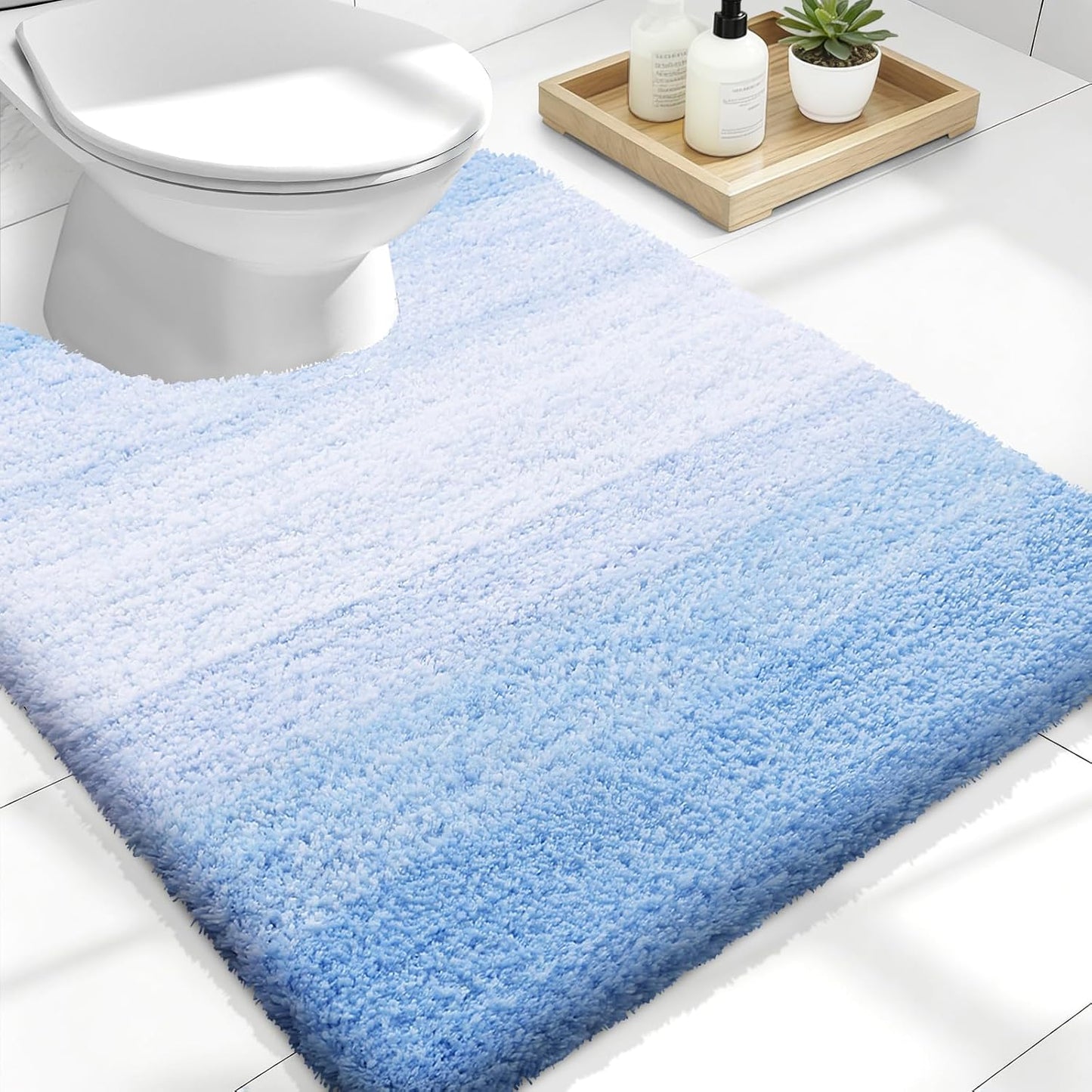 OLANLY Luxury U-Shaped Toilet Rugs - Extra Soft Microfiber, Non-Slip Plush Bath Mat, 24x20, Light Blue
