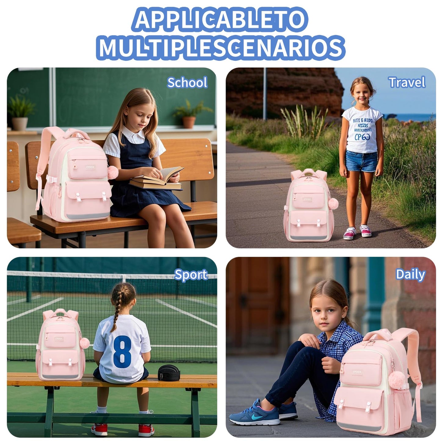 CYOQX School Backpack for Girls Cute Backpack Elementary Middle School High School Teenage Girls Schoolbag (Pink)
