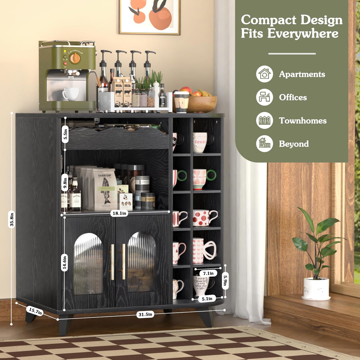 VINAEMO Coffee Bar Cabinet with 24-Cup Display, Large Drawer & Storage,Modern Buffet Sideboard for Kitchen, Medium Wooden Bar Station for Apartment，Black