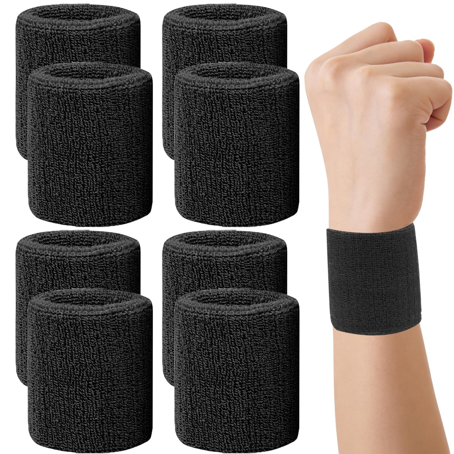 8 Pcs Sports Wrist Sweatbands for Men & Women, Absorbent Wrist Sweat Bands Tennis Wristbands Moisture Wicking Athletic Cotton Terry Cloth Sweatband for Basketball,Running,Gym,Working Out -Black