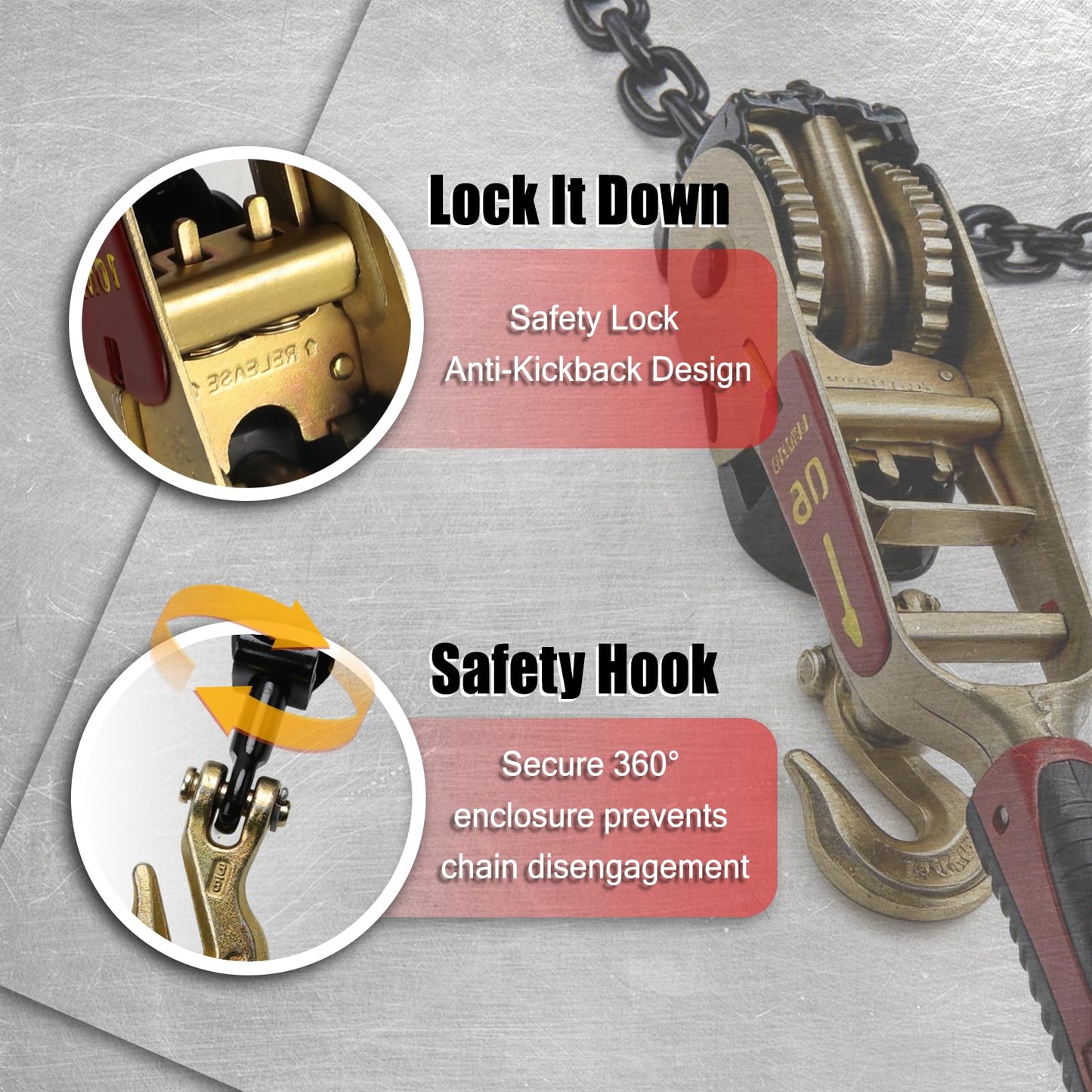 MOTHARIX 2 Pack Ratchet Chain Binders with Grab Hooks, 5400LBS WLL Heavy Duty Tie Down for 5/16" - 3/8" Chains, Secure Load Binder for Flatbed Trailers, Trucks & Heavy Equipment Hauling