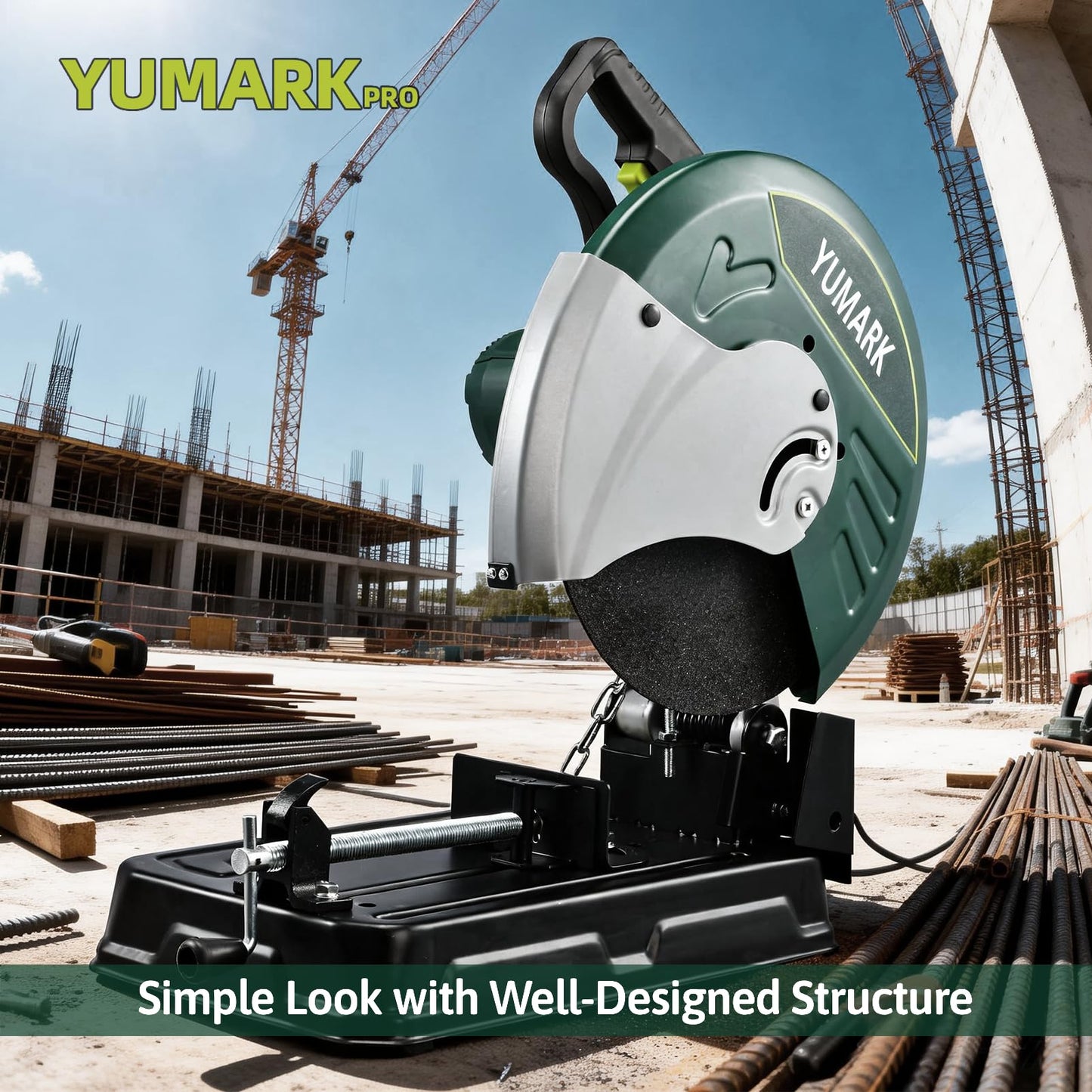 Yumark Abrasive Chop Saw, 2400W 3800RPM Steel Cutting Machine, 45° Adjustable Angle Metal Cutting Saw with 14in Blade for Cutting Rebar, Angle Steel, Hollow Pipe