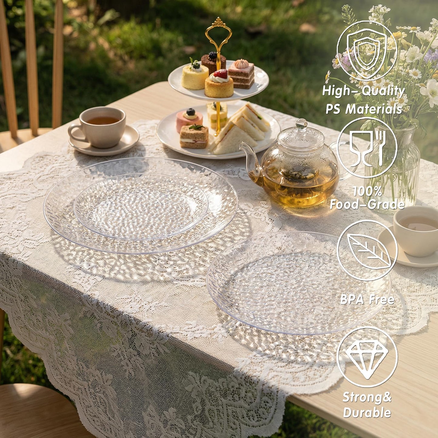 Rubtlamp 60Pcs Plastic Plates, Clear Disposable Plates, Hammered Heavy Duty Plastic Platos, Fancy Disposable Platos Include 30 Clear Dinner Plate, 30 Salad Plate For Bridal Spring