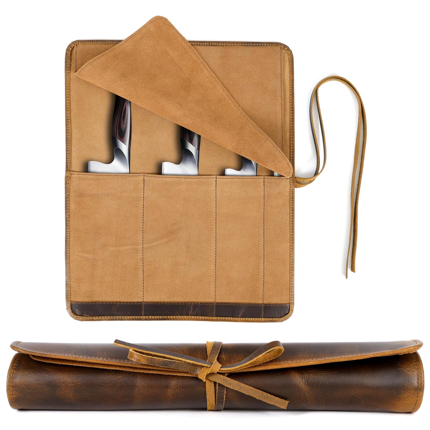 ELIZO Leather Knife Roll Bag Professional Chef Knife Case, Durable Knife Sheath Holder, Cooks & Culinary Tools Carrying Storage, Portable Knife Wrap - 4 Slots