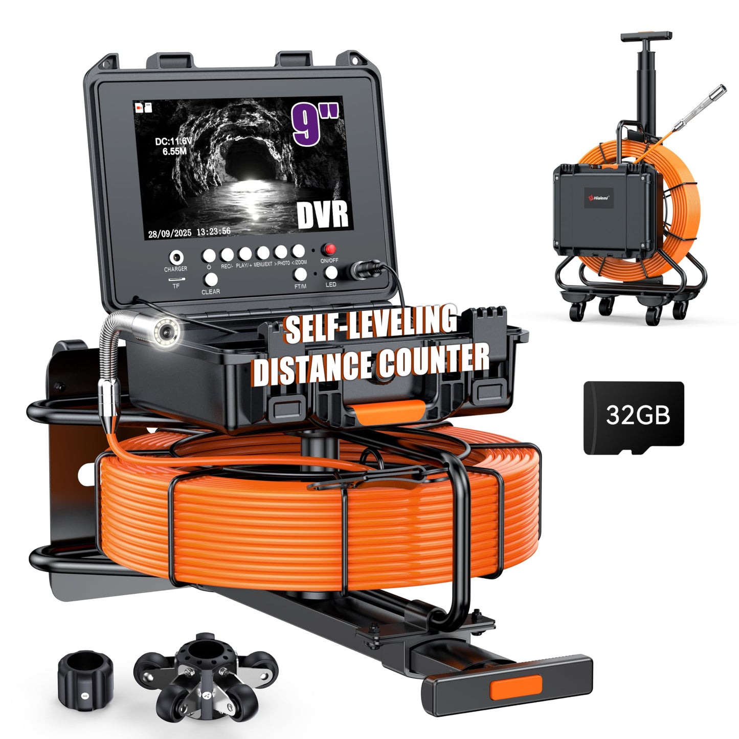 Hialemi Portable 9'' Sewer Camera Pipe Inspector - 100Ft/30M Self Leveling Drain Camera & Meter Counter & 5X Zoom - 145° Plumbing Pipe Inspection Cam with Lights - 1080P IPS Screen & DVR 32GB