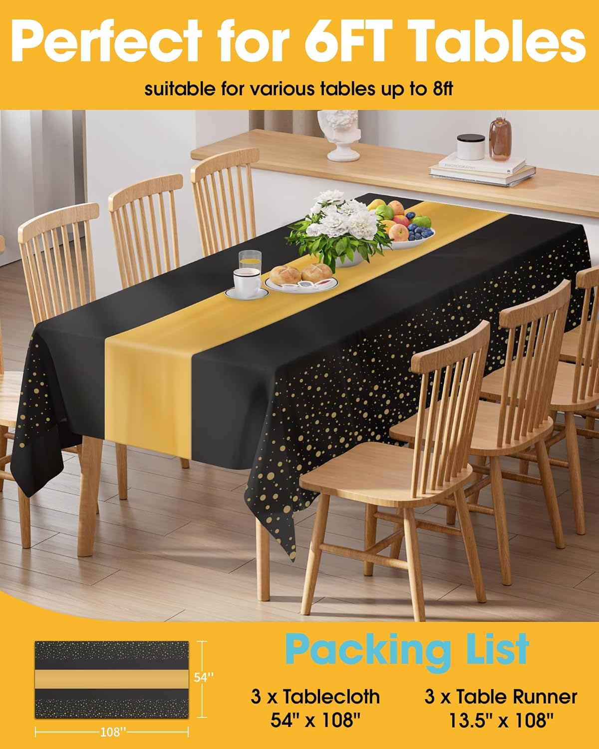 Niuara Table Cloth Set - Black and Gold Disposable Rectangle Table Covers | 3 Tablecloths + 3 Runners for Events