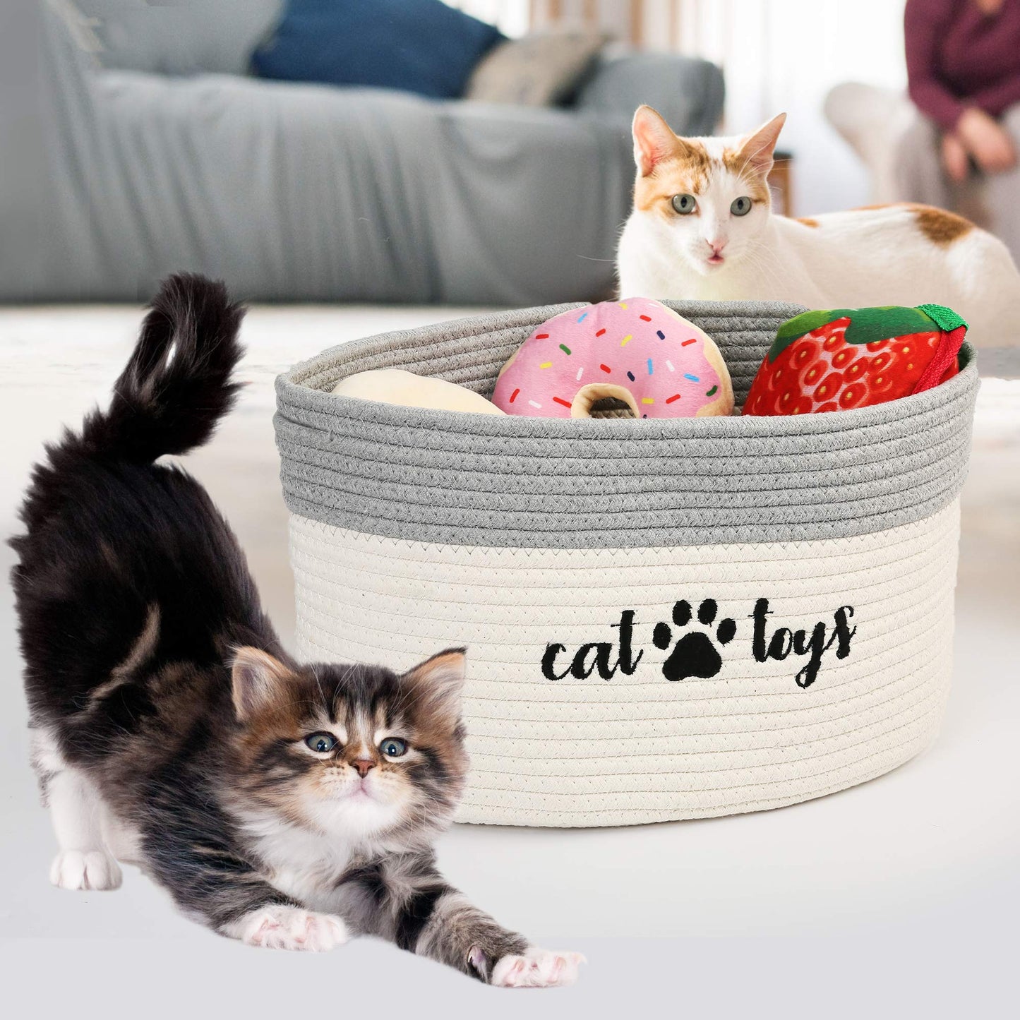 PrimePets Cat Toy Basket, Cotton Rope Storage Basket with Handles, Small Woven Pet Box Bin for Blankets, 15x10x9 inch Cat Holder Container, White and Grey