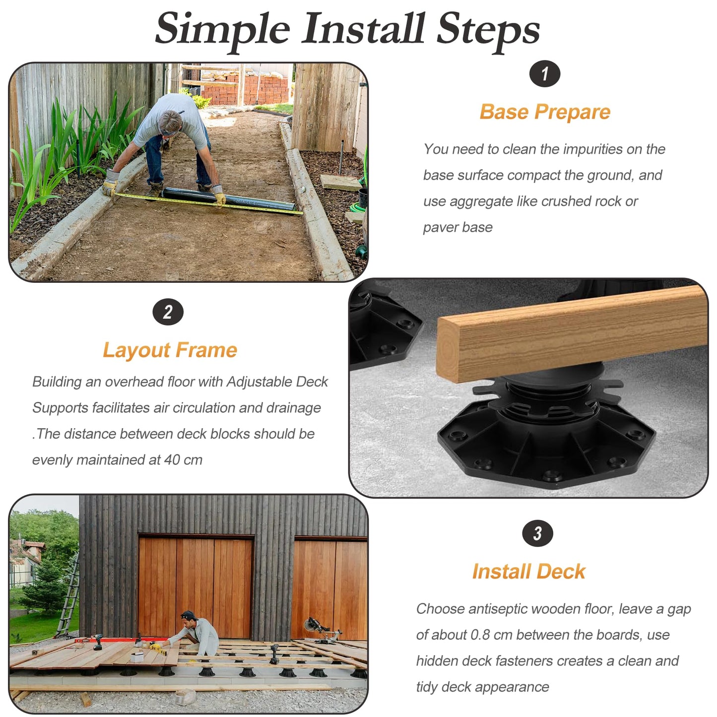 Adjustable Deck Support Plastic Pedestal Paver, 24 PCS, 1-3/16" to 2-3/8" Level Up Deck Support Pedestals, Shed Foundation Kit