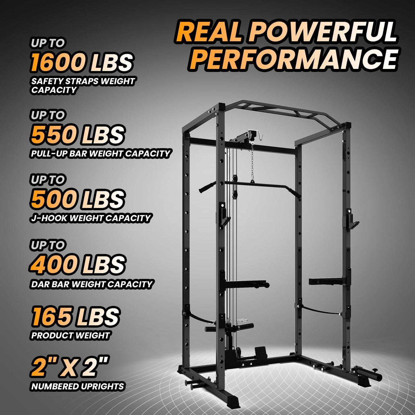 Power Cage with LAT Pulldown Machine - Squat Rack for Home Gym, Multi-Functional Weight Cage with Cable Pulley System, Dip Bars & Landmine Attachment