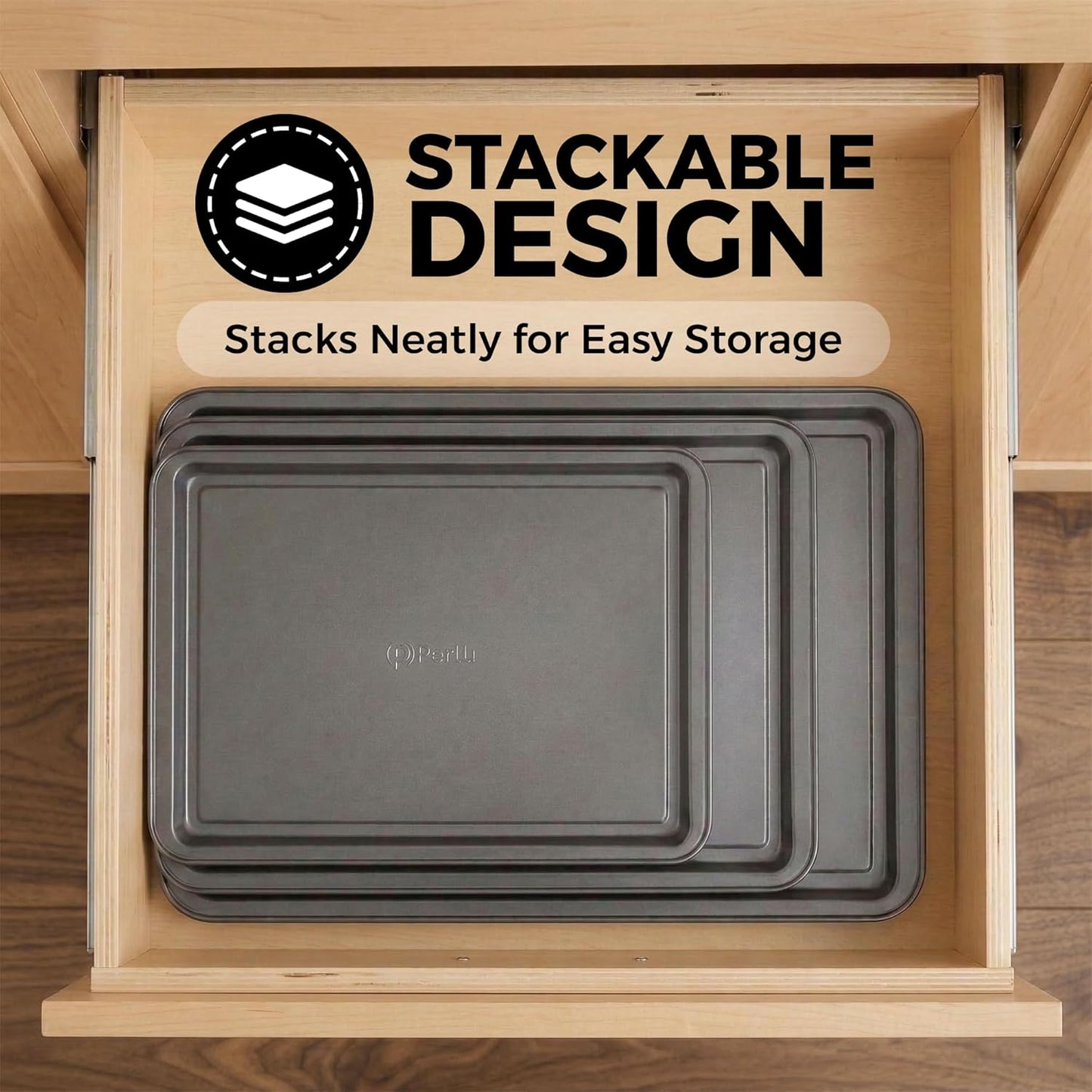 PERLLI Non-Stick Baking Pan Set - 3-Piece Carbon Steel for Even Heat Distribution | Oven Safe to 446°F, BPA-Free, Dishwasher Safe - Gray