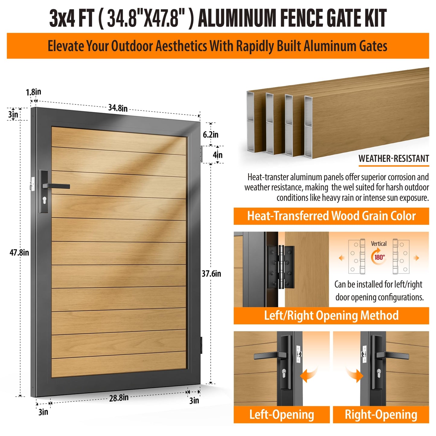 WOCEPU 3x4 FT (34.8"x47.8") Aluminum Fence Gate Kit, Heavy-Duty Wood Grain Aluminum Gate with Decorative Cutout, Lock & Hinges, Left/Right Opening, Weather-Resistant for Yard, Garden, Backyard