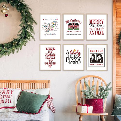 Home Alone Christmas Decorations - Set of 6 Funny Holiday Posters | Unframed 8x10 Art Prints for Bathroom & Bedroom Decor