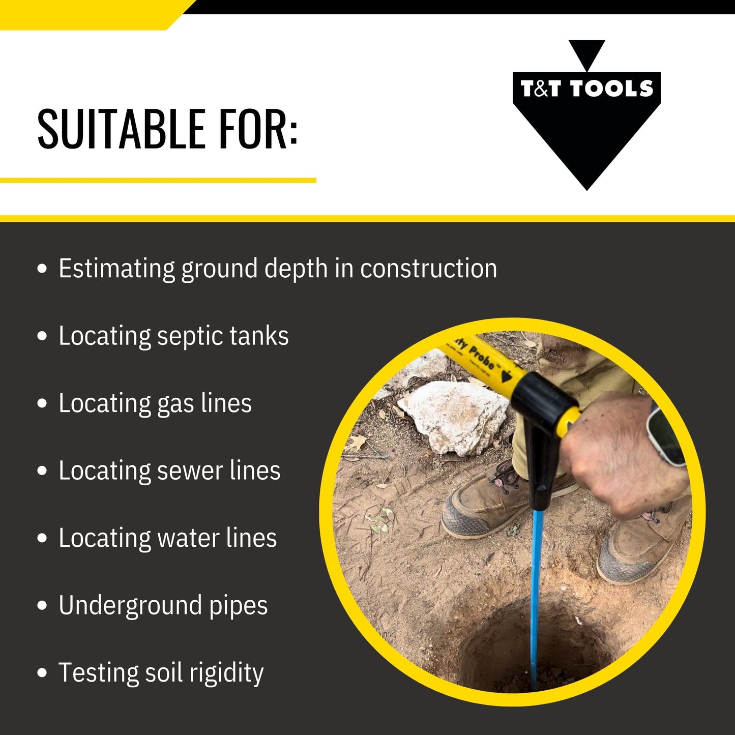 T&T Tools Mighty Probe With Slide Adapter - Mini Hammer Probe, Professional Soil Sampling Tool for Septic, Drainage, Landscaping and Utility Inspection, Durable 3/8 Metal Hex Rod, 50 Inch (127cm long)
