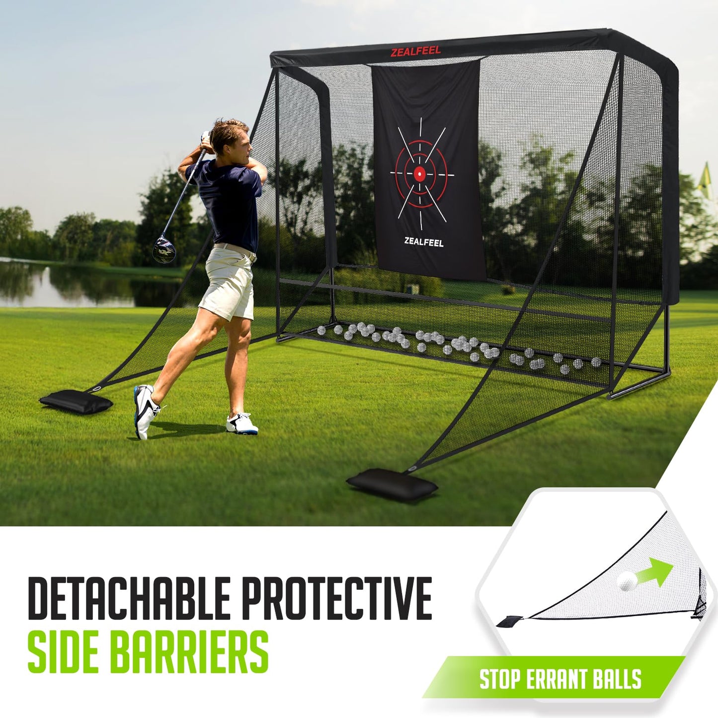 Zealfeel Golf Net, 10x7ft Golf Simulator Enclosure Net with Side Barriers, Low-Noise Silk Target, Carry Bag, 2 Sand Bags, 4 Stakes, Hiting Net for Backyard Driving Chipping Indoor Outdoor Use