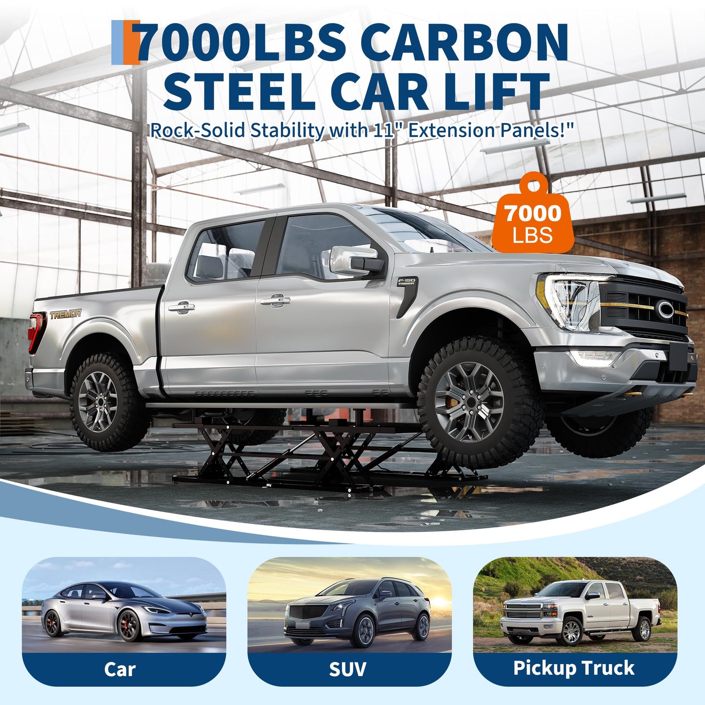 GarveeTech Portable Car Lift 7000LBS, Heavy-Duty Carbon Steel Auto Lift Jack for Garage & Shop, Adjustable Height 6.26"-27", with Extension Plates & Safety Locks, Fits Trucks, SUVs, Sedans