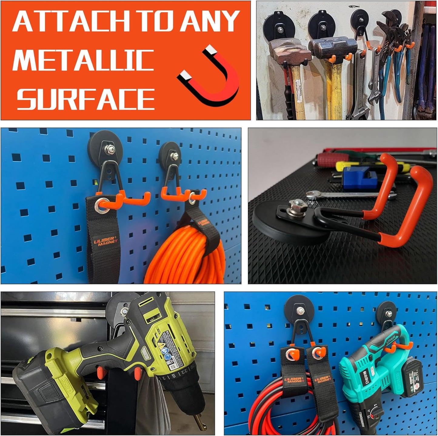 ULIBERMAGNET Heavy Duty Magnetic Garage Hooks - 4 Pack Strong Hooks for Tools & Storage (Orange)