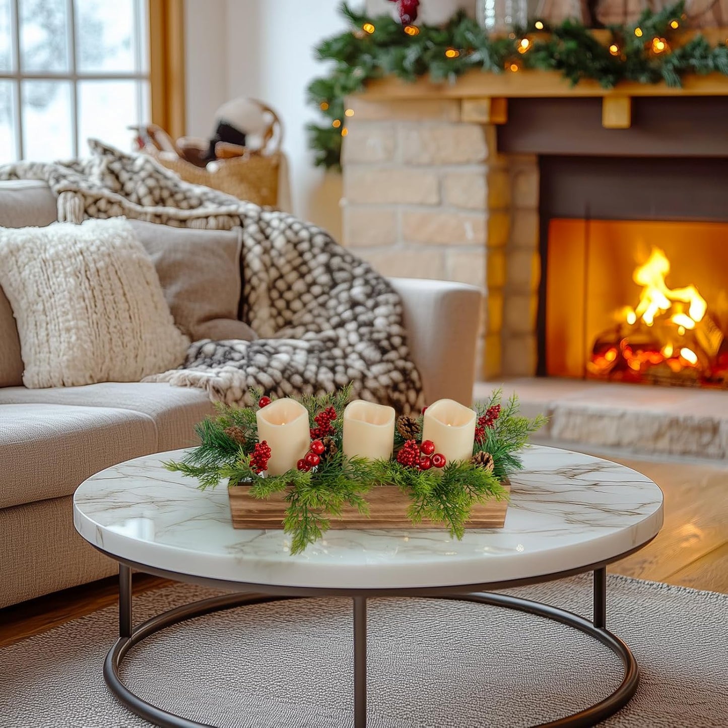 Skiennix Christmas Candle Holder Centerpiece - 3 Flameless Candles with Pine Cones & Red Berries