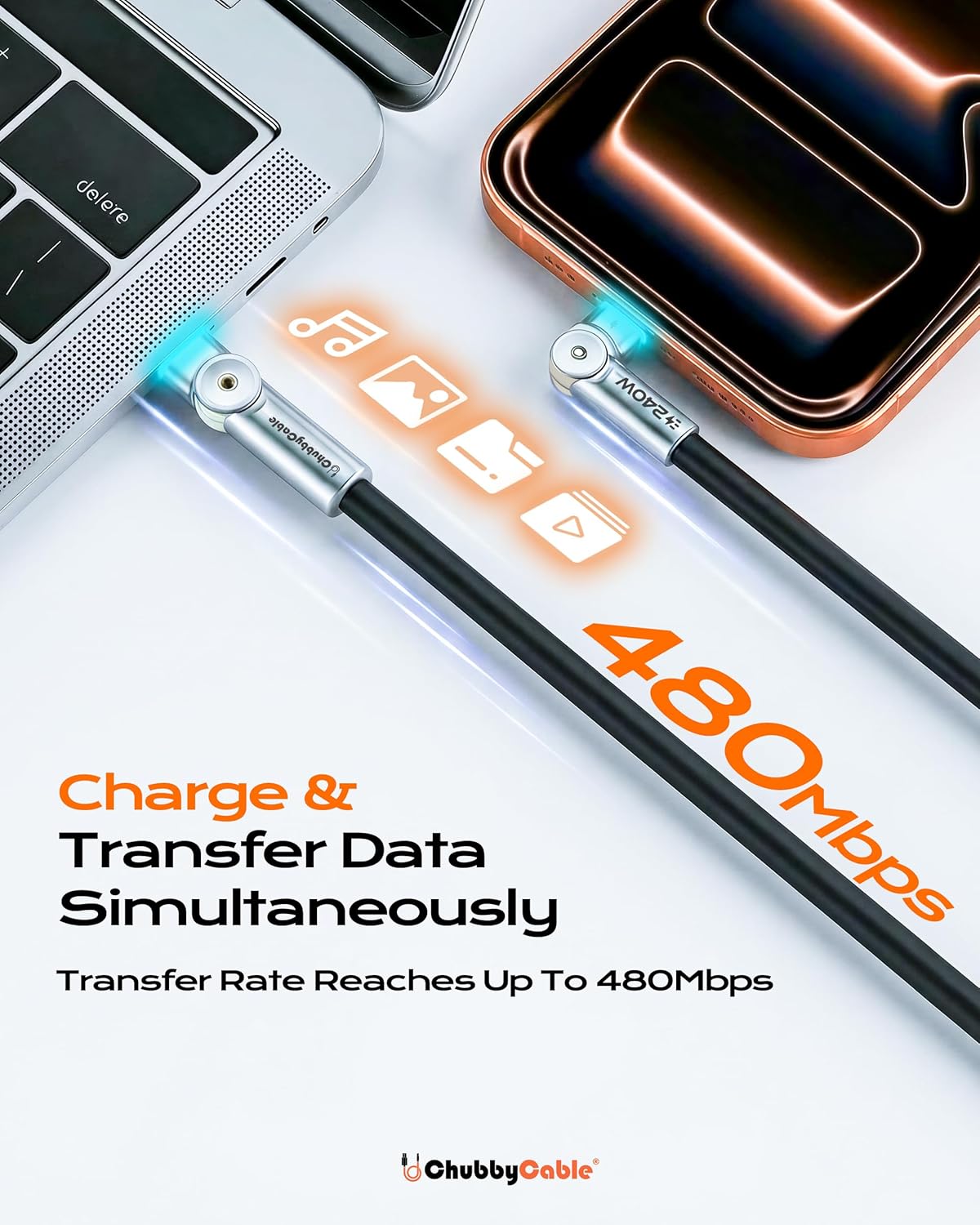 240W 180 6.6ft chubbycable Chubby RotateX Dual Rotating Fast Charging Cable with LED Light Soft Silicone USB C Cable