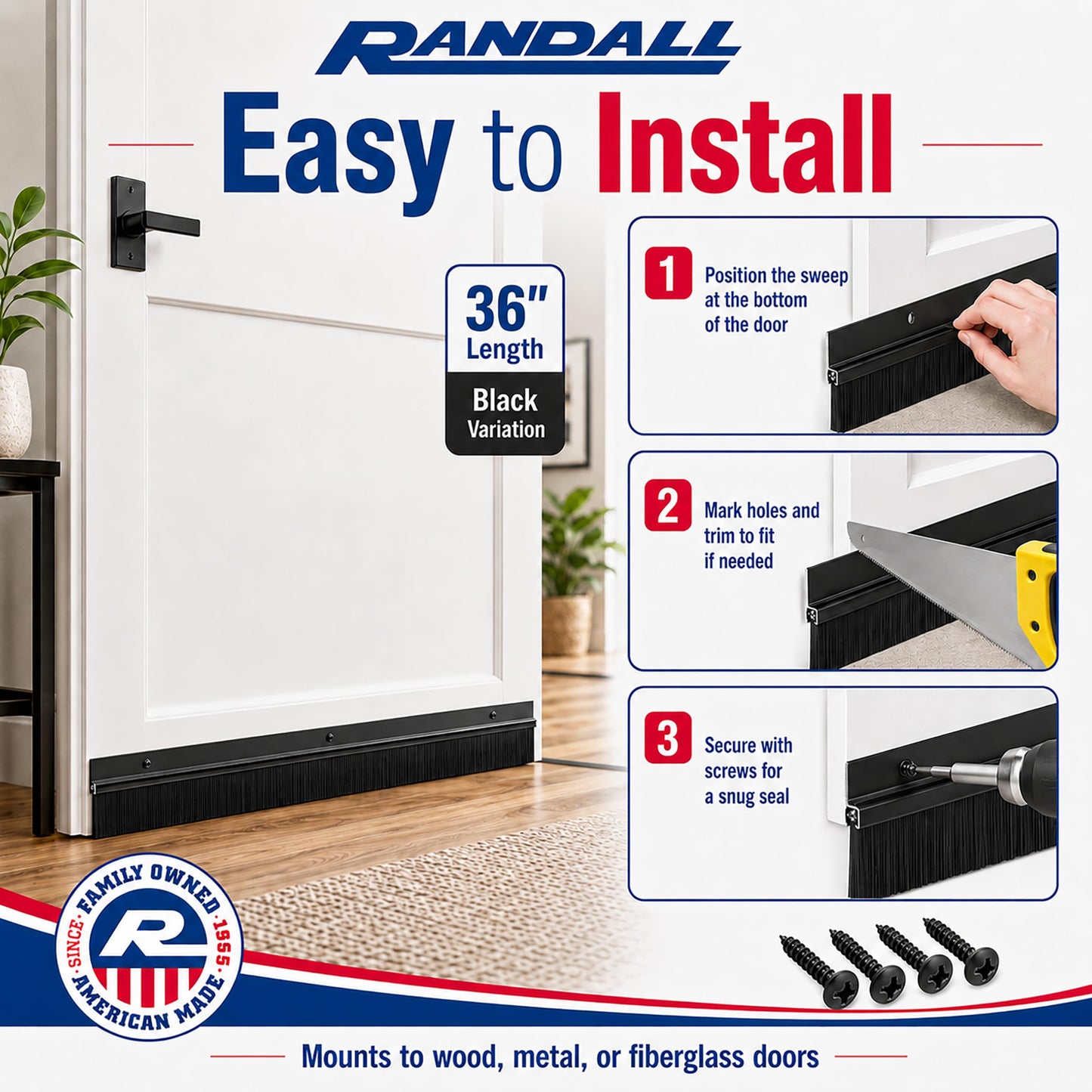 3 FT Black Aluminum Door Sweep with Black Brush Seal | Fills Gaps Up to 1 1/2” | Pre-Drilled with Matching Color Screws Included | Draft Stopper, Dust & Debris Blocker | Made in USA