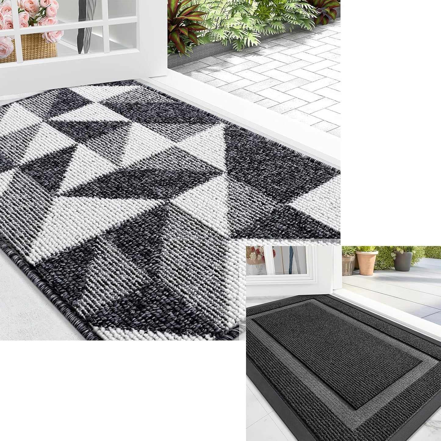 OLANLY Indoor/Outdoor Door Mat Set - Black Geometric Design (29.5x17 in & 32x20 in)