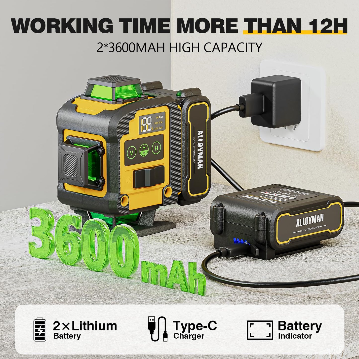 Alloyman 4x360°Self Leveling Laser Level, 12 Ft./3.7M Professional Laser Level Pole with Tripod, Green Line Lazer Leveler Tool with 2* Li-ion Batteries for Picture Hanging, Tile, Home Renovation