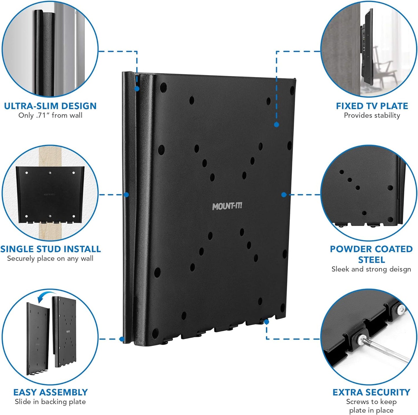 Mount-It! 2342 Inch 200x200 66 lb 0.7 Inch Low Profile Fixed TV Wall Mount Ultra Slim Flush Design for Screens Fits