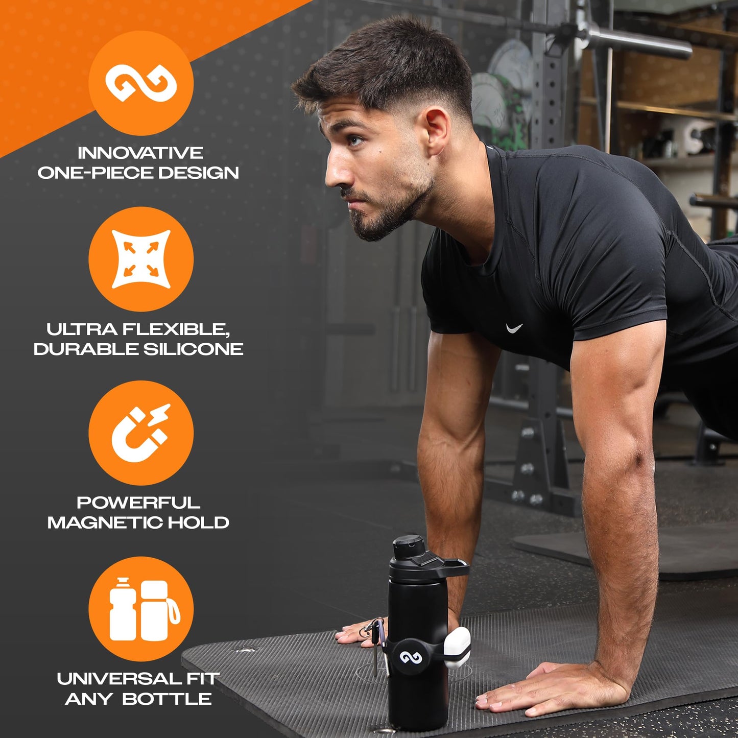 Gymmi Magnetic Water Bottle Phone Holder – One-Piece Silicone Strap for Gym | Holds Phone, Keys & Earbuds | Fits 12–40 oz Bottles (Night Black)