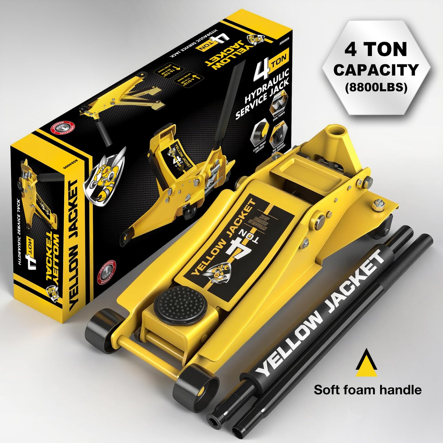 YELLOW JACKET Low Profile Floor Jack with Dual Pumps Quickly Lift Hydraulic Car Jack with Pad, 4 Ton (8,800 lb) Capacity