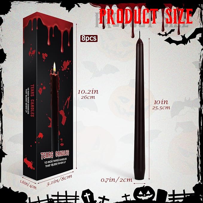 Set of 8 Halloween Bleeding Taper Candles 10 inch Black Taper Candles,Tears Taper Candle for Gothic Halloween Decoration