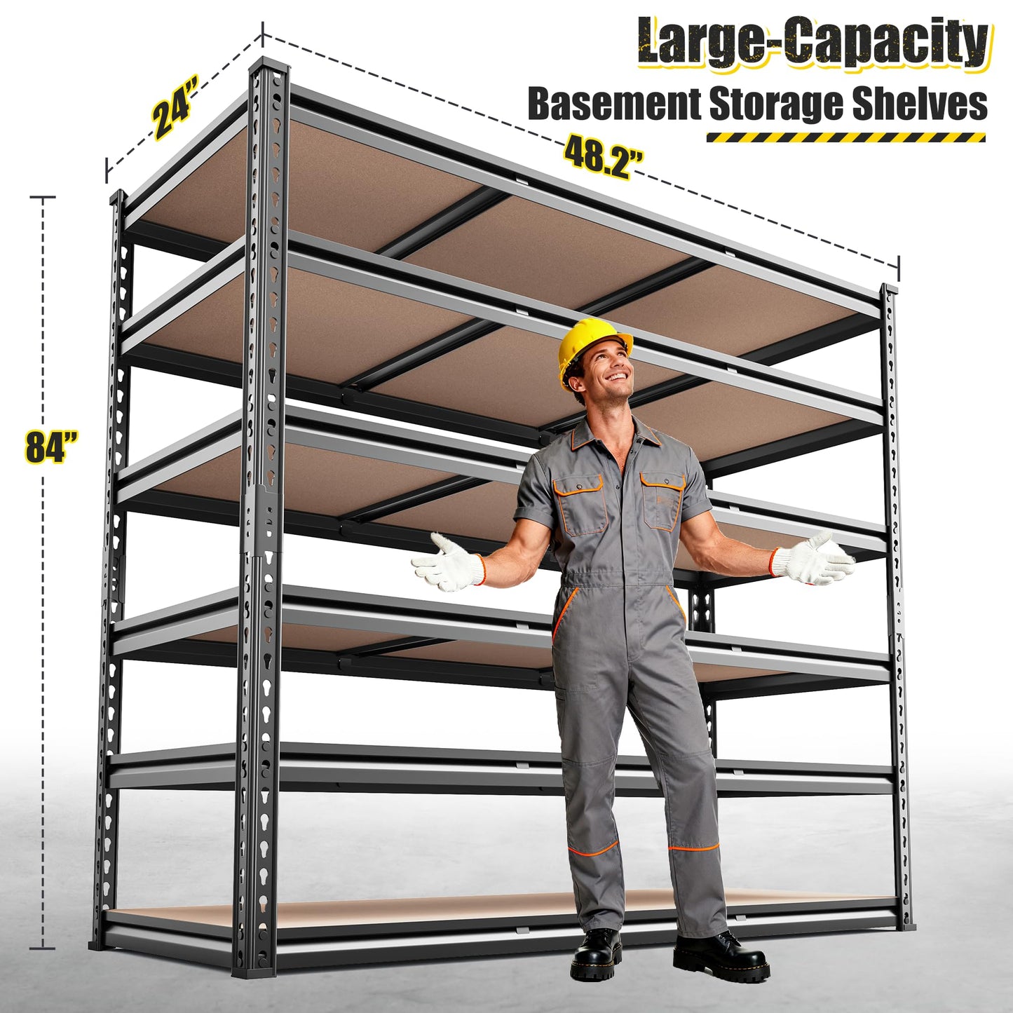 REIBII 6-Tier Garage Shelving, 84" H Storage Shelves Load 3300LB, Adjustable Metal Shelving, Large-Capacity Garage Shelves for Basement, Warehouse, 48.2" W X 84" H X 24" D, Black