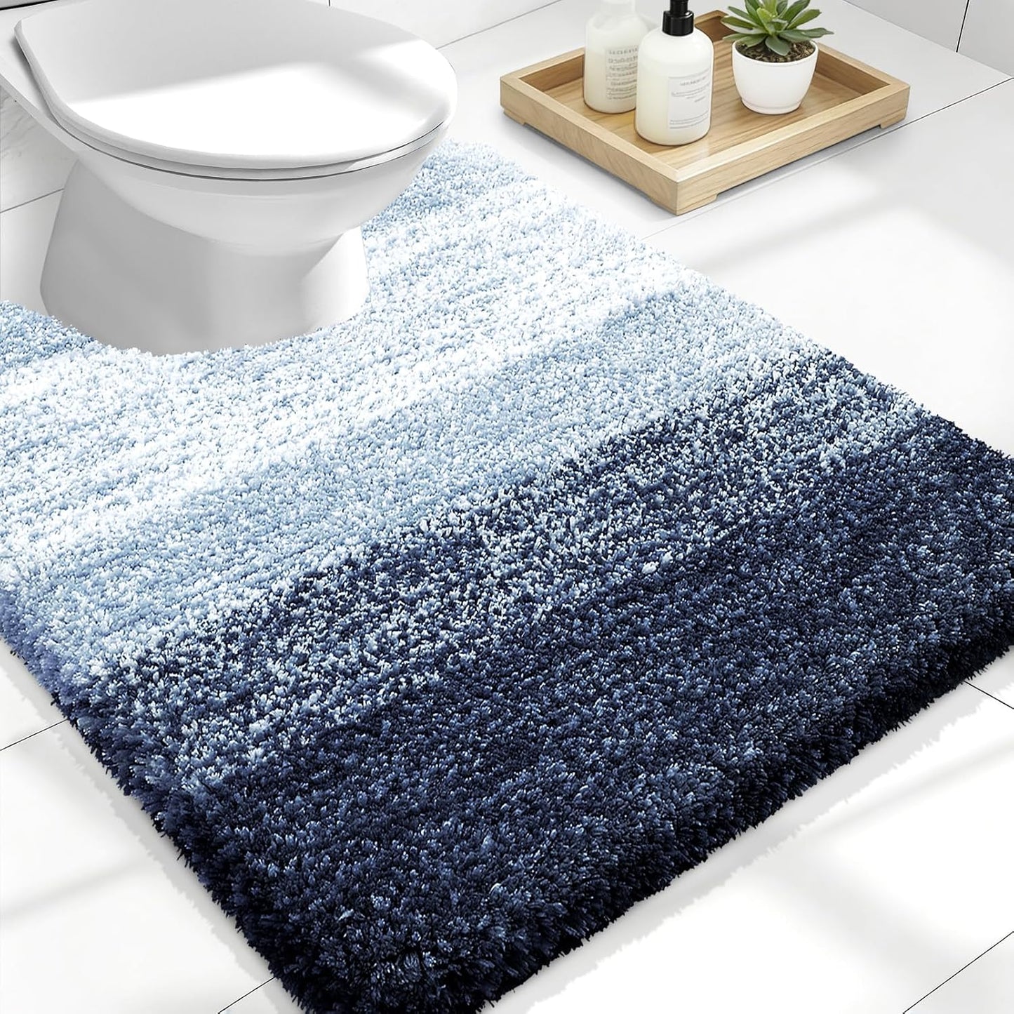 OLANLY Luxury U-Shaped Toilet Rugs - Extra Soft, Absorbent Microfiber Bath Mat | 24x20, Navy Blue