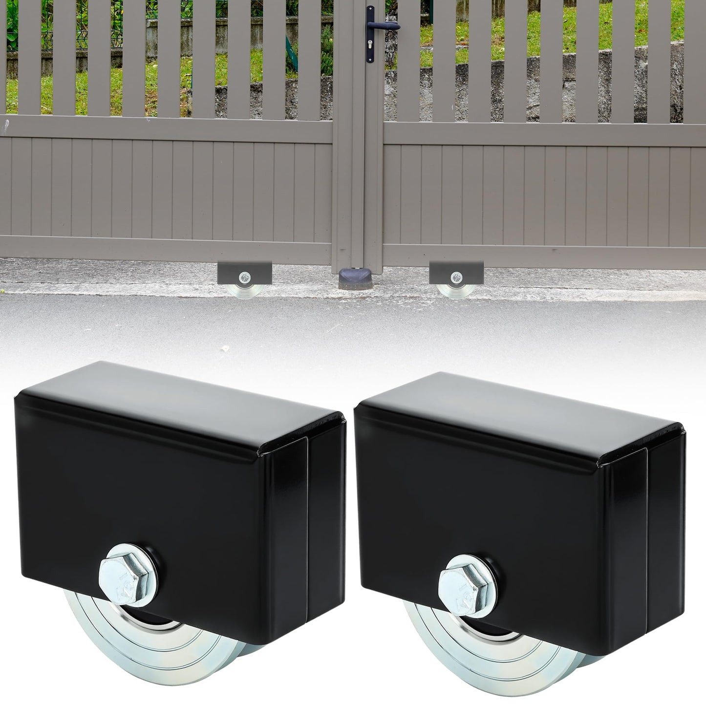 2 Sets 4'' V-Groove Sliding Gate Wheels with Welded Bracket Box, Heavy Duty Inverted V Tracks Sliding Gate Rollers, Double Sealed Bearing 3000 Lbs Capacity