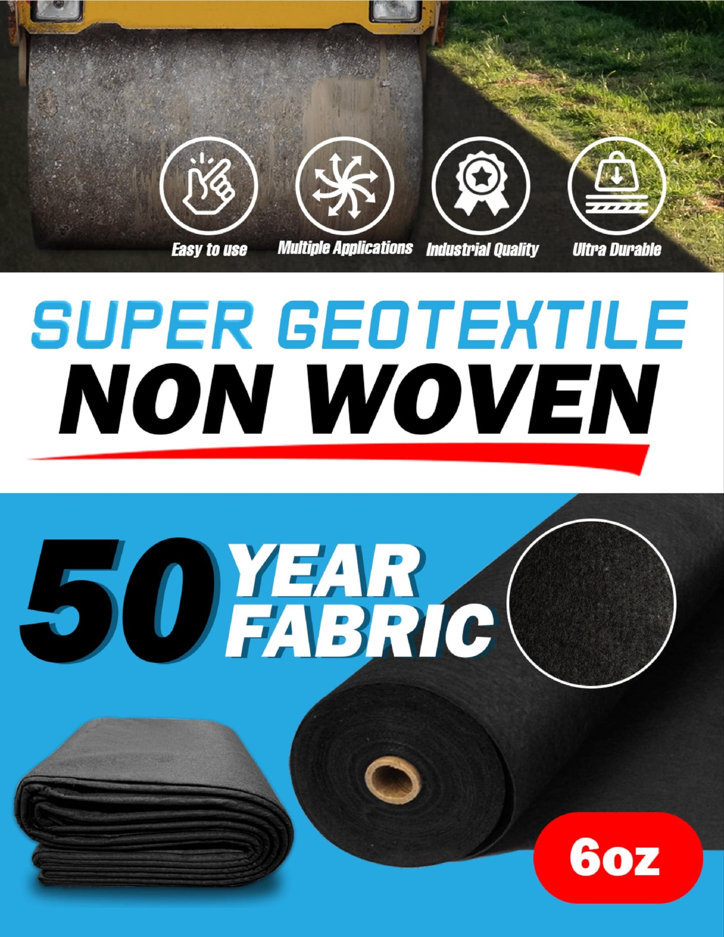 Super Geotextile 4, 6, 8 oz Non Woven Fabric for Landscaping, French Drains, Underlayment, Erosion Control, Construction Projects - 6 oz (3X50)
