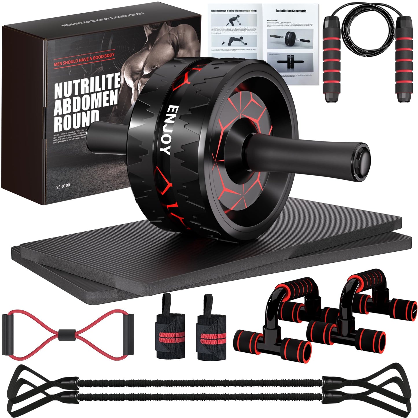 Readaeer Ab Roller Wheel, Ab Exercise Wheels Kit with Ab Roller, Resistance Bands, Knee Mat, Jump Rope, Push-Up Bar