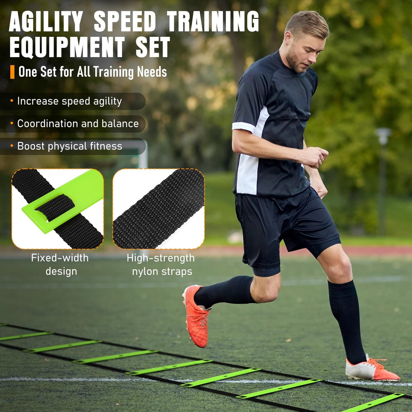 Agility Ladder Speed Training Equipment Set-20ft Agility Ladder,12 Soccer Cones,4 Hurdles, Jump Rope, Running Parachute, Basketball Football Soccer Training Equipment for Kids, Youth, Adults(green)