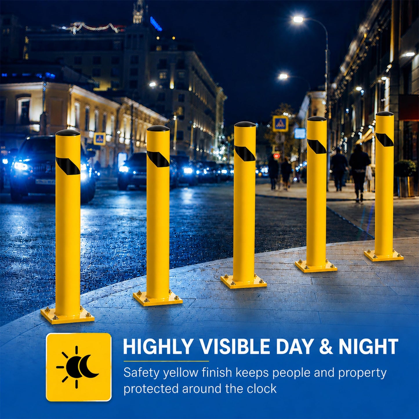 Trafford Industrial Yellow Powder-Coated Steel Safety Bollard, Heavy-Duty Bollard Post, Parking Barrier for Traffic Safety and Access Control, Hardware Included