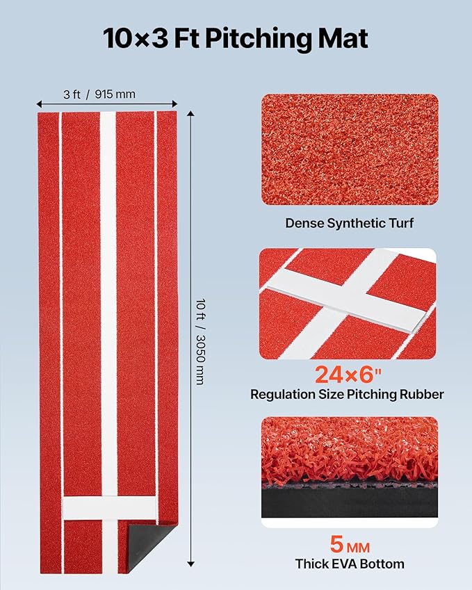 VEVOR 10x3ft Softball/Baseball Pitching Mat with Rubber Mound - Anti-Fade Turf & Anti-Slip Foam Backing, Portable Fastpitch Training Aid for Indoor/Outdoor Practice (Red/Green)