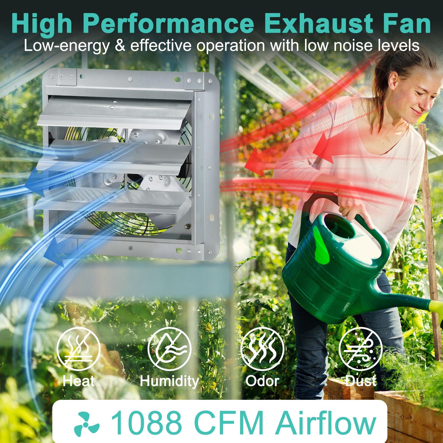 Hipoilk 14 Inch Shutter Exhaust Fan, High Power Wall Mount Attic Fan with Thermostat and Speed Controller for Greenhouses, Sheds, Garages, Chicken Coops, Barns Ventilation, 1088 CFM