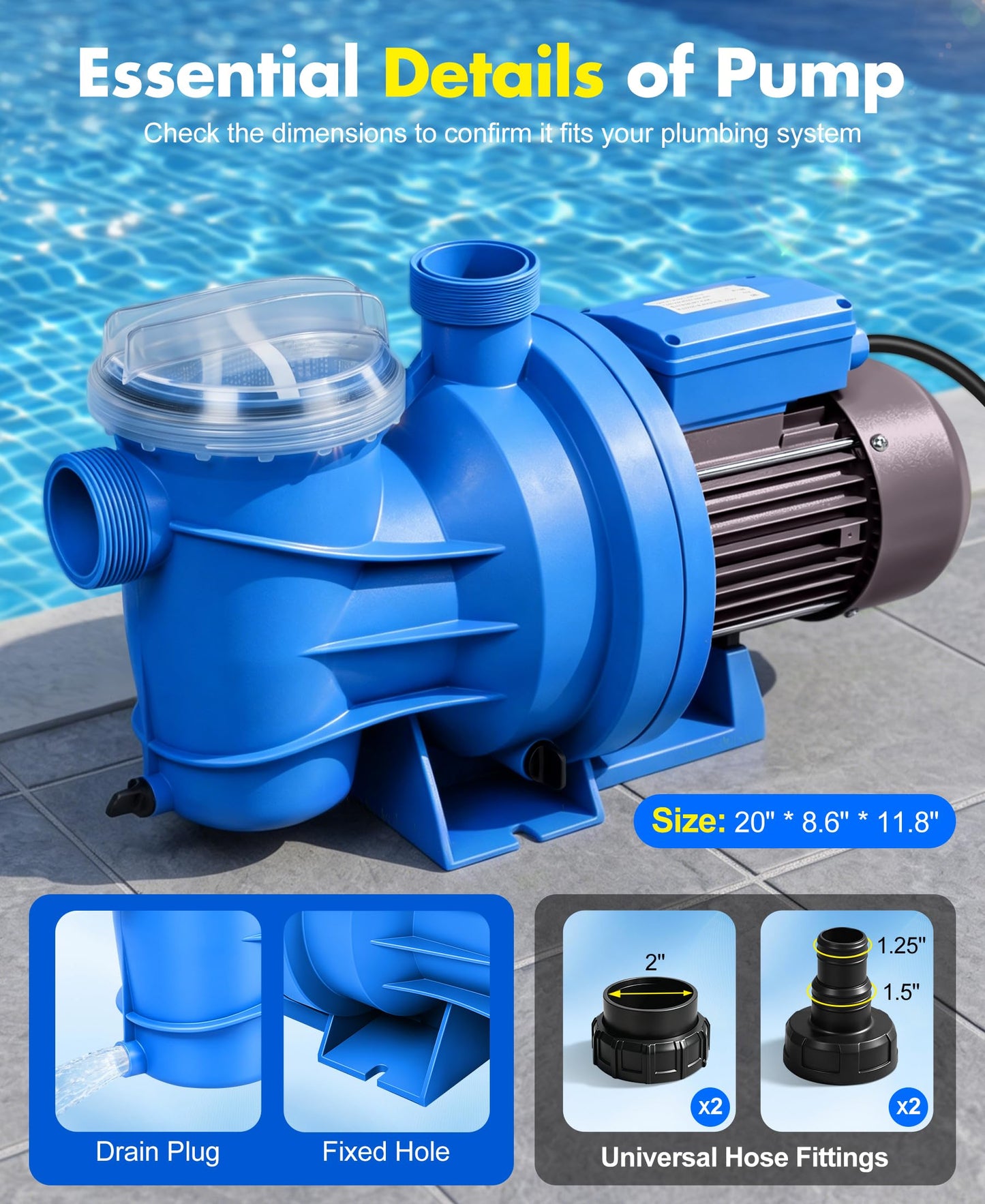 BluSwim 1.5 HP Self-Priming Pool Pump, Max 6060GPH High Flow & 52FT Head Lift Energy Efficient in/Above Ground Pool Pump, w/ 1.25"/1.5"/2" Hose Fittings, Boost Water Circulation & Filtration
