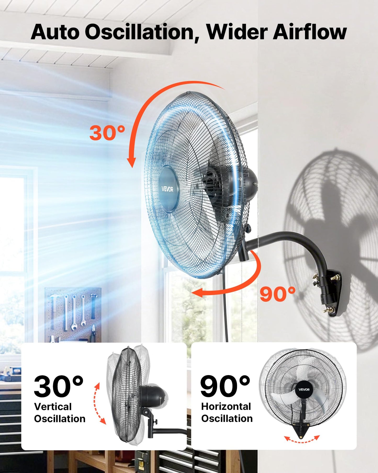 VEVOR Wall Mount Fan, 20 in Wall Mounted Hanging Fan Oscillating, 3-Speed, Long Airflow Distance, Adjustable Rotation Angle, Mechanical Powerful for Industry, Commercial, Garage, Workshop, Gym, 2 Pack