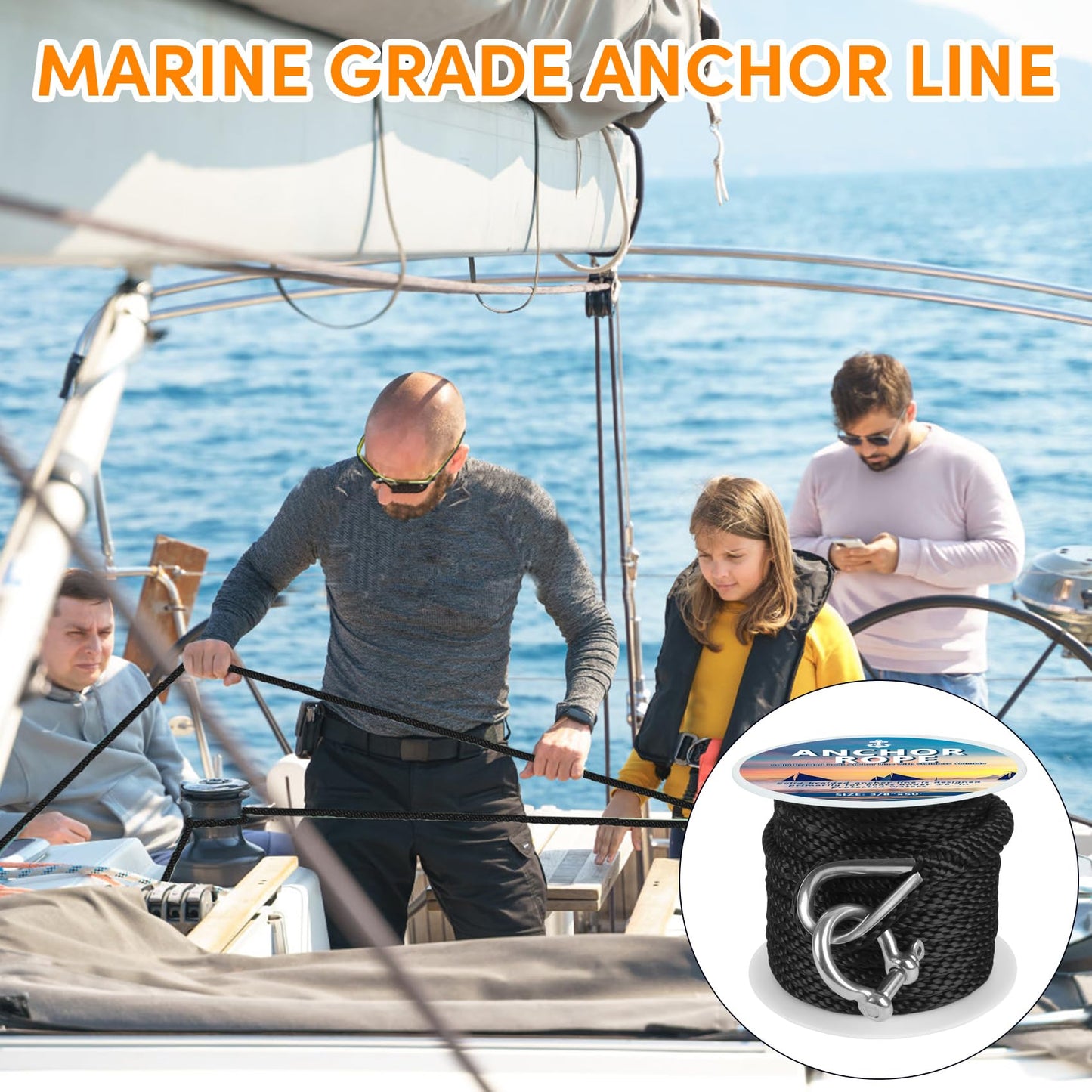Anchor Rope 50 Ft X 3/8 Inch, Premium Solid Braid MFP Anchor Line, Boat Anchor Rope with Stainless Steel Thimble and Shackle (Black)