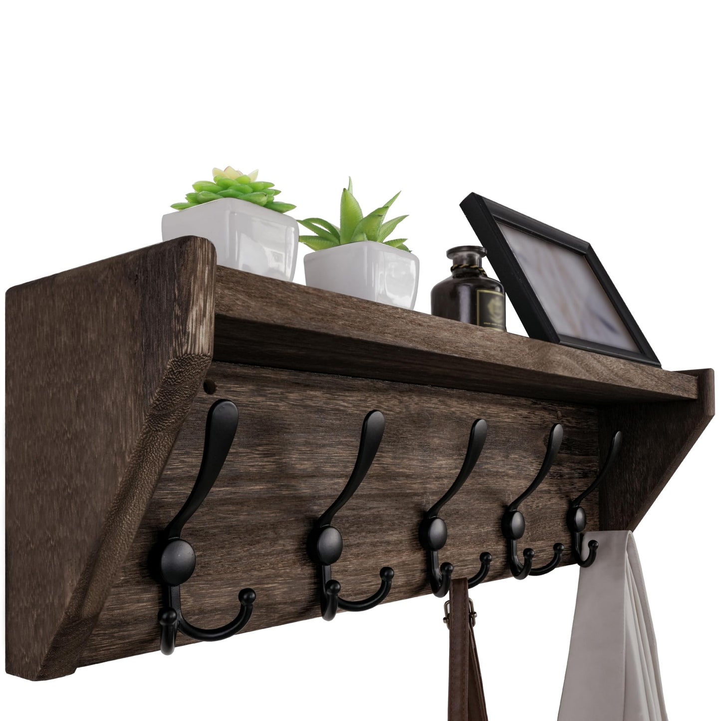 WEBI Coat Rack Wall Mount with Shelf,24" Long Wall Shelf with Hooks Underneath,5 Triple Hooks for Entryway,Hallway,Bedroom,Weathered Brown