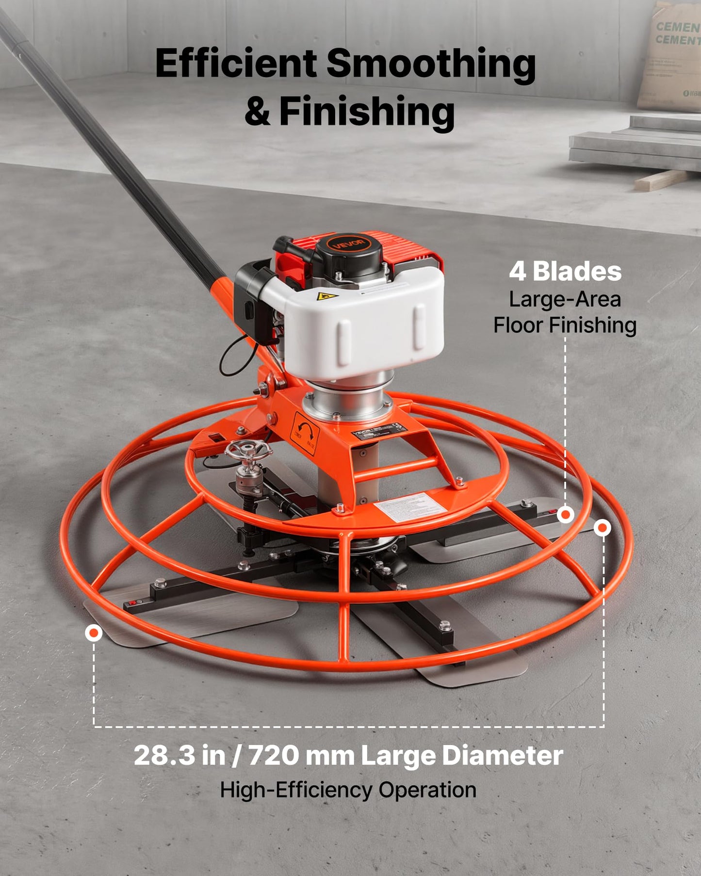 VEVOR Power Trowel, 28.3 inch Trowel Diameter Concrete Finishing Machine, 4 Blades, Adjustable 0-12° Pitch, Gas-Powered Walk-Behind Cement Surface Finisher for Smooth Floors, Bridge Construction